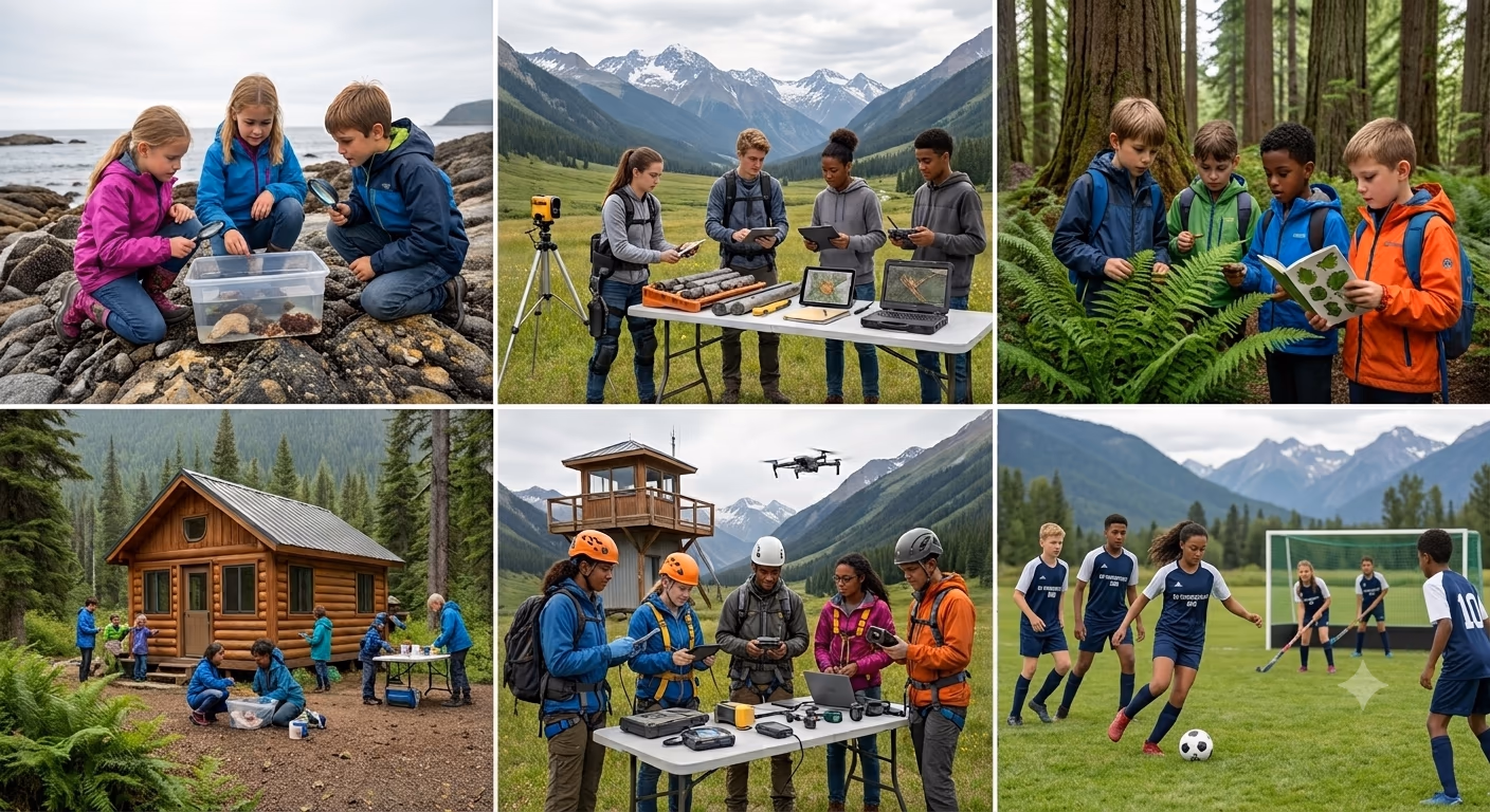 A collage of kids and teens exploring a shoreline, mountains and forest, doing field research, and playing soccer.